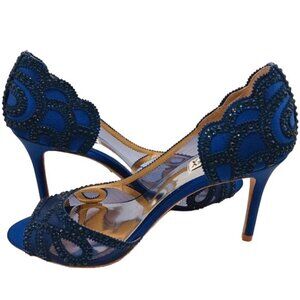 NIB, Badgley Mischka Marla Blue Satin Beaded Embellished Heels,‎ Size 8.5